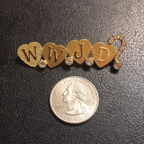 WWJD?  heart & rhinestone brooch - Picture 2 of 3